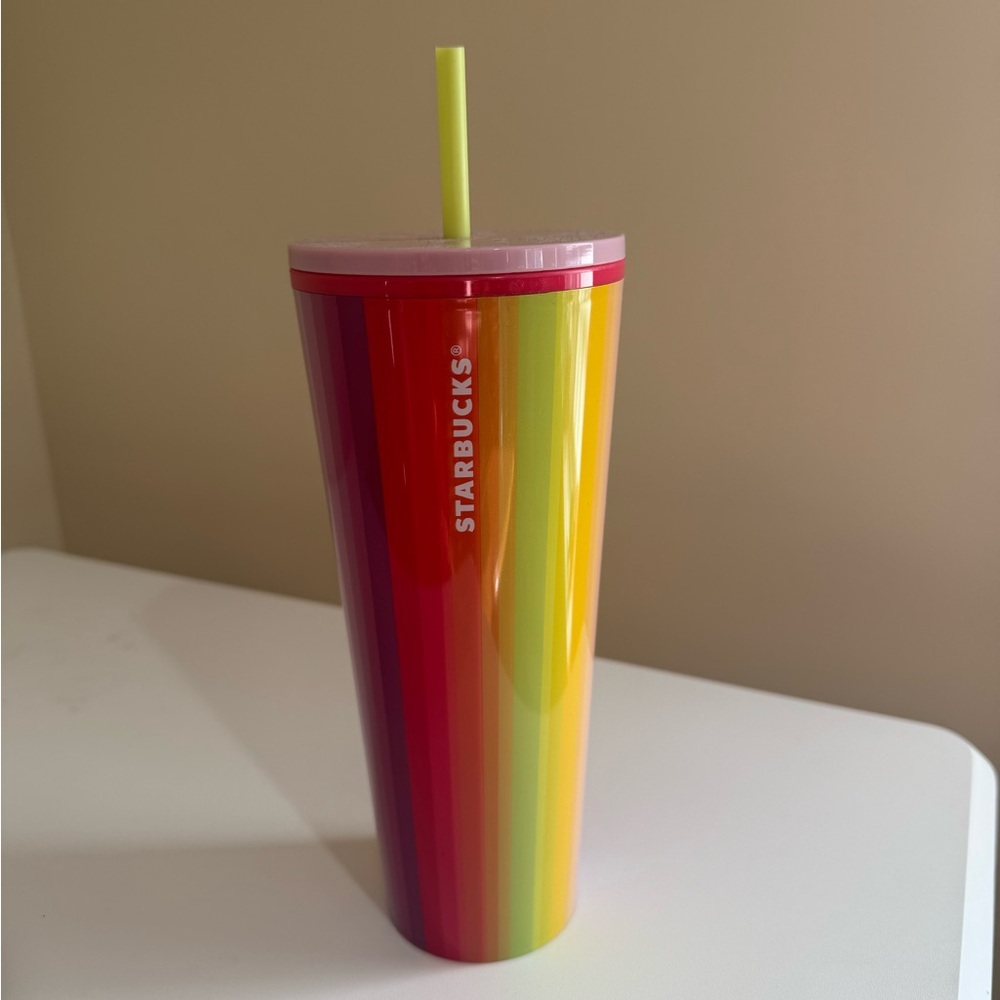 Starbucks Rainbow Striped Venti Tumbler with Green Straw NWT